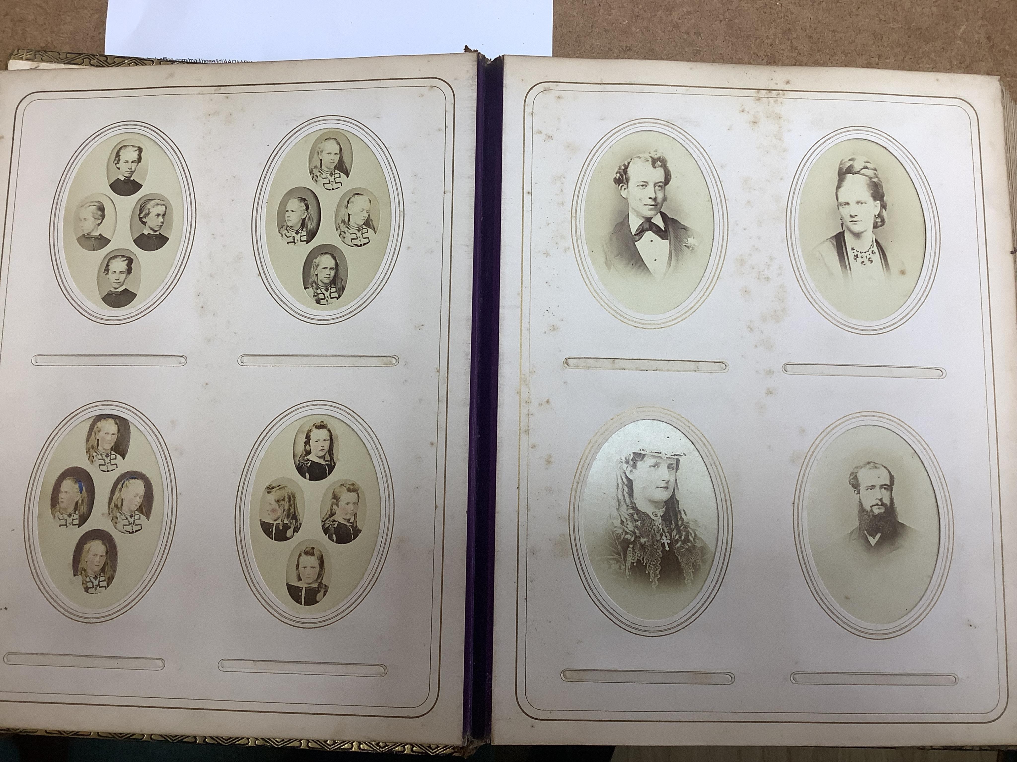 A Victorian malachite mounted amboyna family photograph album, 23cm x 30cm